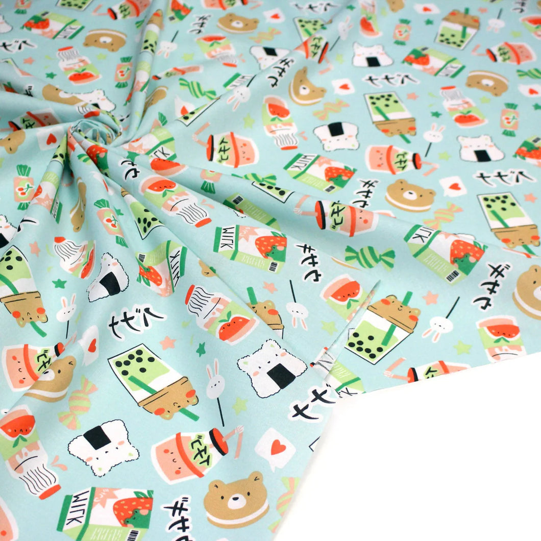 Tissu japonais vert bubble tea & mochi (pas à vendre)