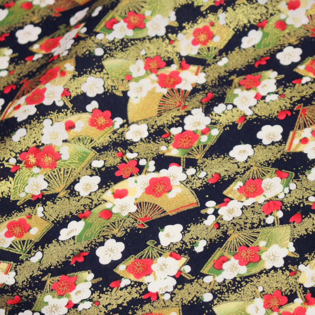 Tissu japonais aux éventails dorés & fleurs sakura bleu (pas à vendre)